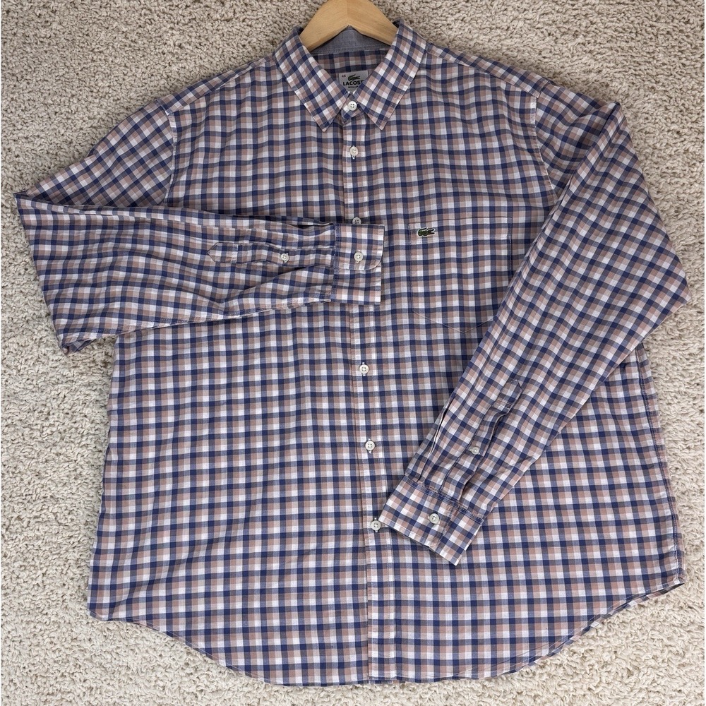 Lacoste Button Down Shirt Mens 46 XL Blue Tan Gingham Regular Fit CH9473